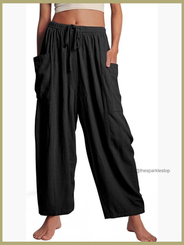 Wide Leg Flowy Palazzo Pants Drawstring Elastic Waist Pockets